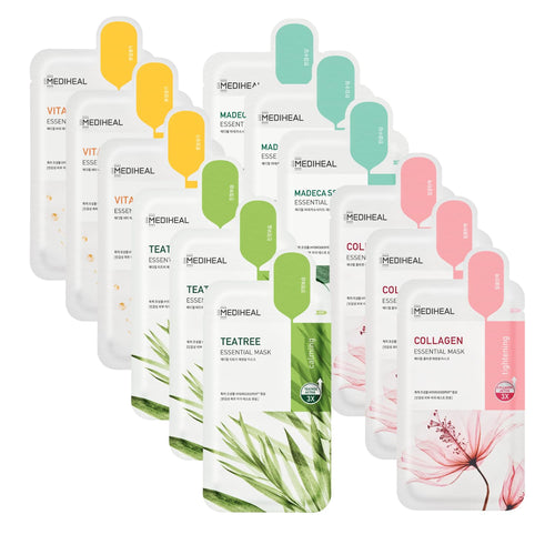 Mediheal Sheet Mask New Essential HERO 12 pack (Collagen Tea Tree Madecassoside Vita) | Korean Skincare Facial Sheet Mask Combo gift set